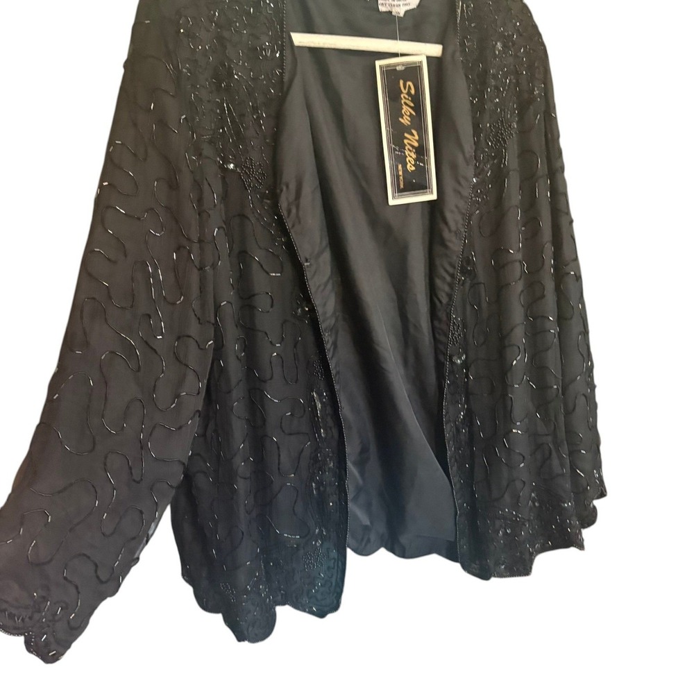 VTG Deadstock Silky Nites NEW Beaded Silk Jacket 3X‎ Blk Sequin Open Front